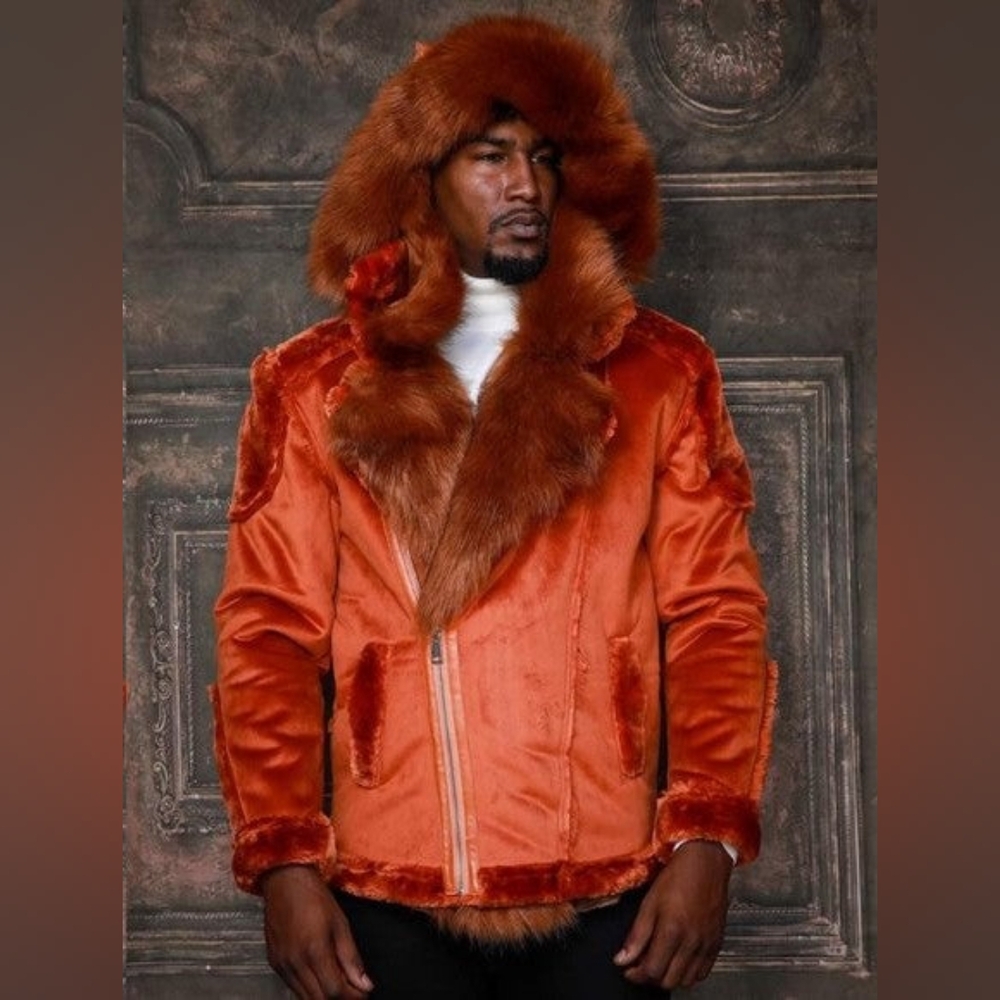 Men's Manzini Rust Burn Faux Fur Coat NWT